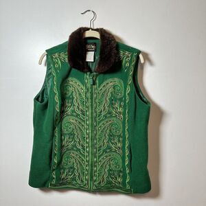 Bob Mackie‎ Vintage Green Fleece Embroidered Vest Women's Size Large